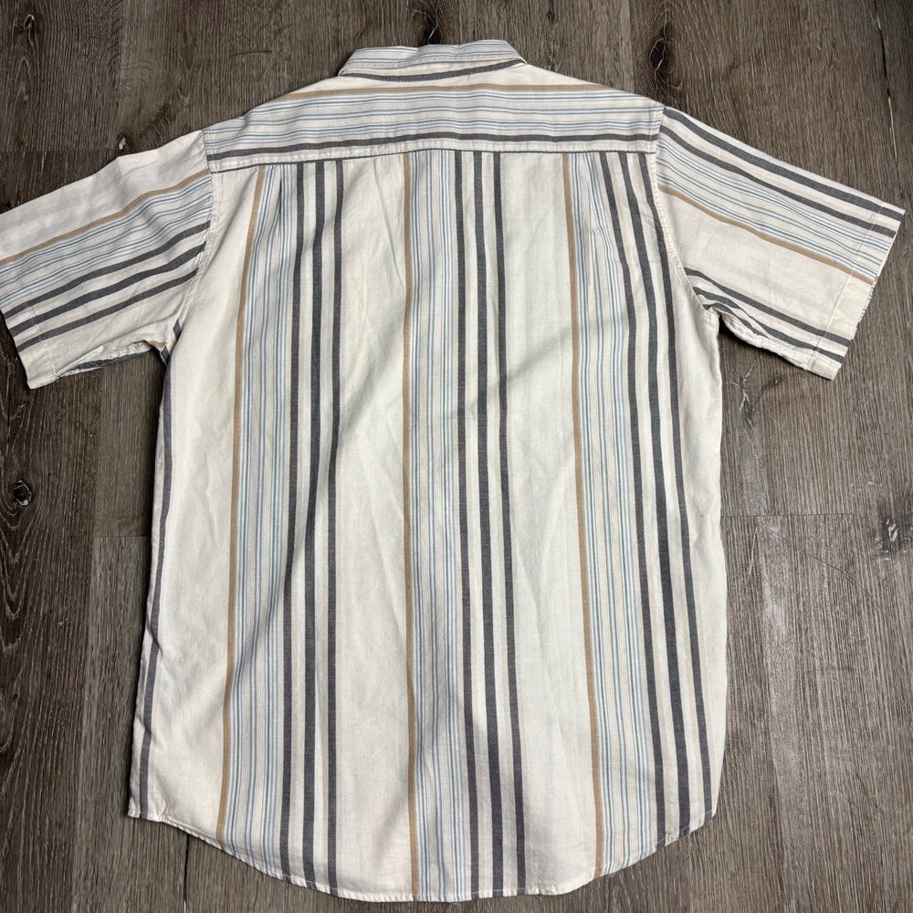 Ezekiel Men's L Button Up Shirt Beige Striped Woven Cotton Short Sleeve Pocket - Picture 8 of 9